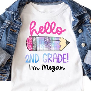 Personalized Hello 2nd Grade Shirt for Girls – Back to School Glitter Pencil Tee – Custom Name Grade Shirt – First Day Outfit