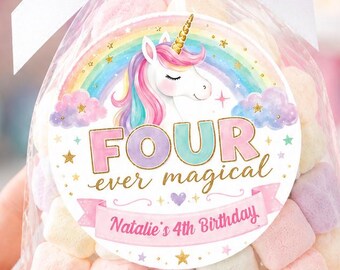 Four Ever Magical Birthday Stickers, Unicorn 4th Birthday Favor Labels, Rainbow Unicorn Party Stickers, Personalized Girl Birthday Labels