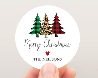 Pegatinas de Feliz Navidad, pegatinas personalizadas para regalos de fiesta, pegatinas navideñas personalizadas, etiquetas para regalos de fiesta, árboles, 4 tamaños