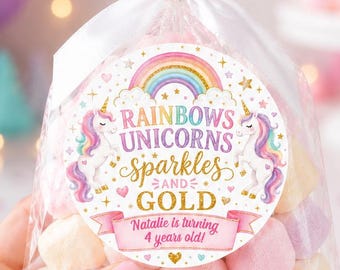 May include: A clear plastic treat bag filled with pastel-colored marshmallows, tied with a white satin ribbon. A circular sticker features a rainbow, two unicorns, and the text: RAINBOWS UNICORNS SPARKLES AND GOLD. Natalie is turning 4 years old!