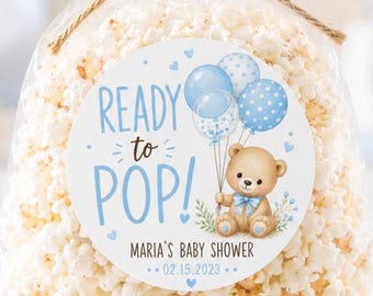 Ready to Pop Baby Shower Stickers, Teddy Bear Balloon Favor Labels, Blue Baby Shower Popcorn Stickers, Personalized Boy Shower Favors