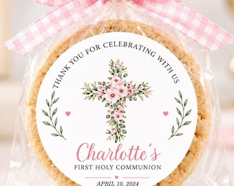 First Communion Stickers, Personalized Communion Favor Labels, Floral Cross Stickers, Girl First Holy Communion Party Favors, Printed