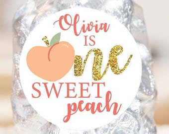 Personalized Peach Birthday Stickers, One Sweet Peach Theme Birthday Stickers, Party Favor Labels, Customized , 4 Sizes, Glossy, sweet peach