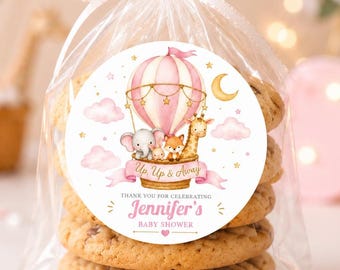 Personalized Up Up & Away Baby Shower Favor Stickers | Hot Air Balloon Animal Cookie Bag Labels | Pink Baby Shower Thank You Stickers