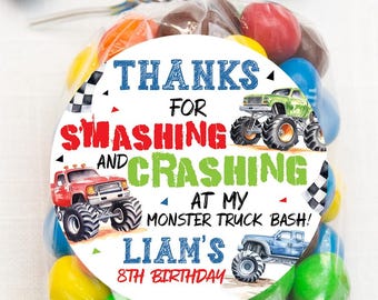 Printed Monster Truck Birthday Stickers, Smash and Crash Party Favor Labels, Kids Monster Jam Birthday Decorations, Custom Stickers, 4 Sizes