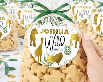 Safari-Geburtstagsaufkleber, personalisierte Wild One-Favor-Etiketten, Dschungeltieraufkleber für Leckerlibeutel und Partygeschenke, gedruckte glänzende Aufkleber