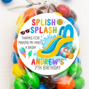Wasserrutsche Geburtstagsaufkleber, Pool-Party-Geburtstagsgeschenk-Aufkleber, Wasserrutsche-Gastgeschenkaufkleber, besonders angefertigt, 4 Größen, gedruckte Aufkleber