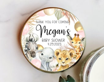 Personalisierte Rosa Safari Baby Shower Sticker, Dschungel Thema Baby Shower Sticker, Gastgeschenk Etiketten, individuell, 4 Größen, Glänzende Sticker