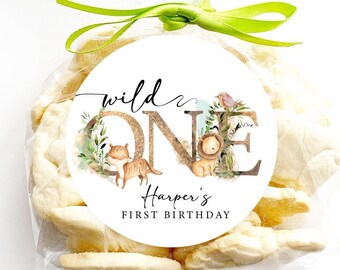 Greenery Woodland Animals Wild One Birthday Stickers, Jungle Birthday Party Favor Stickers, Party Favor Labels, Customized , 4 Sizes, Glossy