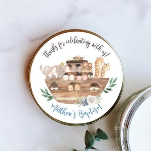 Personalized Noahs Ark Boy Baptism Stickers, Blue Floral Noahs Ark Baptism Stickers, Party Favor Labels, Noahs Ark Baptism Stickers