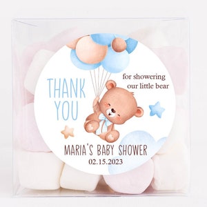 Pegatinas personalizadas de baby shower con globos de oso, pegatinas de baby shower de osito de peluche, etiquetas de favor de fiesta, bebé azul, 4 tamaños, pegatinas impresas