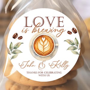 Love is Brewing Wedding Stickers, Customized Coffee Wedding Stickers, Coffee Wedding Favor Labels, 4 sizes, printed, Thank You Stickers