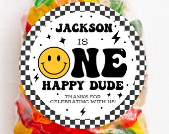 Pegatinas personalizadas de cumpleaños de One Happy Dude, pegatinas a favor de fiesta de cumpleaños con cara sonriente, etiquetas a favor de fiesta, personalizadas, 4 tamaños, impresas