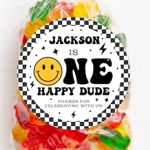 Personalized One Happy Dude Birthday Stickers, Smiley Face Birthday Party Favor Stickers, Party Favor Labels, Customized, 4 Sizes, Printed