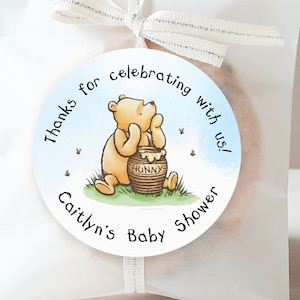 Classic Pooh Baby Shower Stickers, Pooh Party Favor Stickers, Pooh Baby Shower Favor Labels, Customized , 4 Sizes, Glossy Stickers