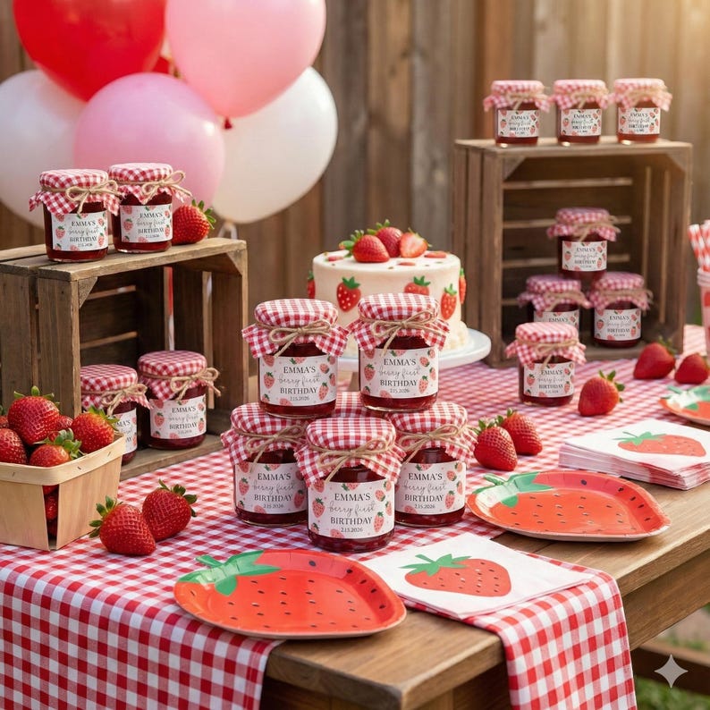 Berry First Birthday Strawberry Jam Labels, Printed Glossy Stickers, Girl 1st Birthday Favor Tags, Strawberry Party Favor Labels image 6