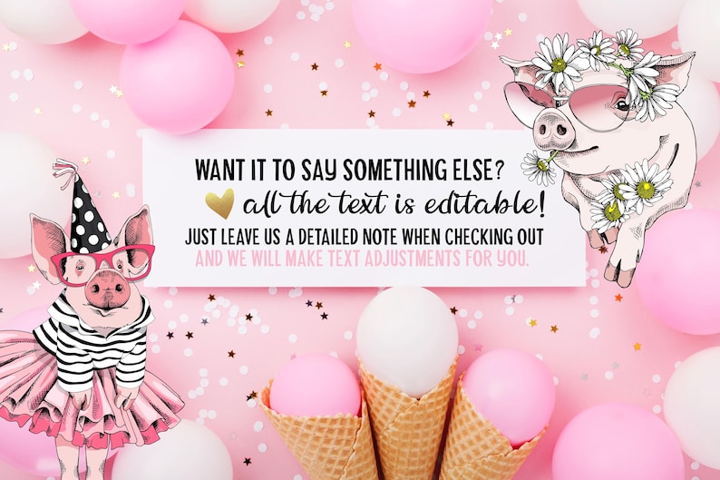 K&ouml;nnte beinhalten: Ein rosa Hintergrund mit wei&szlig;en und rosa Luftballons, Konfetti und Schweine-Illustrationen. Ein Schwein tr&auml;gt eine Partyh&uuml;tchen und eine Brille, ein anderes tr&auml;gt eine Sonnenbrille und einen G&auml;nsebl&uuml;mchenkranz. Text: "M&ouml;chten Sie etwas anderes sagen? Der gesamte Text ist editierbar!"