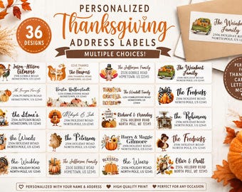 May include: A collection of rectangular address labels featuring various Thanksgiving-themed illustrations including pumpkins, turkeys, owls, and trucks. Each label displays personalized family names and addresses in script and serif fonts.