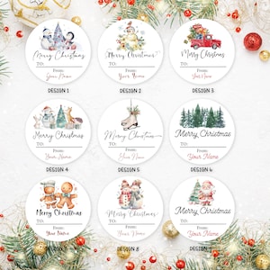 May include: Nine different designs for Christmas gift tags. Each tag features a different watercolor illustration of a winter scene, including a snowman, a penguin, a gingerbread couple, and a Christmas tree. The tags are white with black text that reads "Merry Christmas" and includes spaces for the recipient's name and the sender's name.