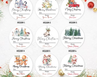 May include: Nine different designs for Christmas gift tags. Each tag features a different watercolor illustration of a winter scene, including a snowman, a penguin, a gingerbread couple, and a Christmas tree. The tags are white with black text that reads "Merry Christmas" and includes spaces for the recipient's name and the sender's name.