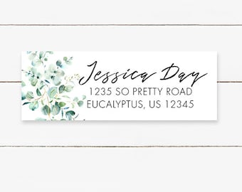 Personalized Eucalyptus Return Address Labels, Green Branches Return Address Stickers, Customized Address Label, Choose Your Font, Glossy