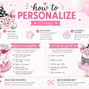 May include: An instructional graphic on a light pink background titled how to PERSONALIZE it's easy! featuring cartoon pigs in party hats and pink glasses. It includes numbered steps, examples of good and bad personalization, and text instructions.