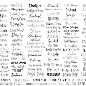 K&ouml;nnte beinhalten: Eine Sammlung verschiedener Schriftarten, darunter Schreib- und serifenlose Schriften, die in schwarzem Text auf wei&szlig;em Hintergrund angezeigt werden. Die Schriftarten sind in Reihen und Spalten angeordnet und zeigen eine vielf&auml;ltige Auswahl an Typografieoptionen.