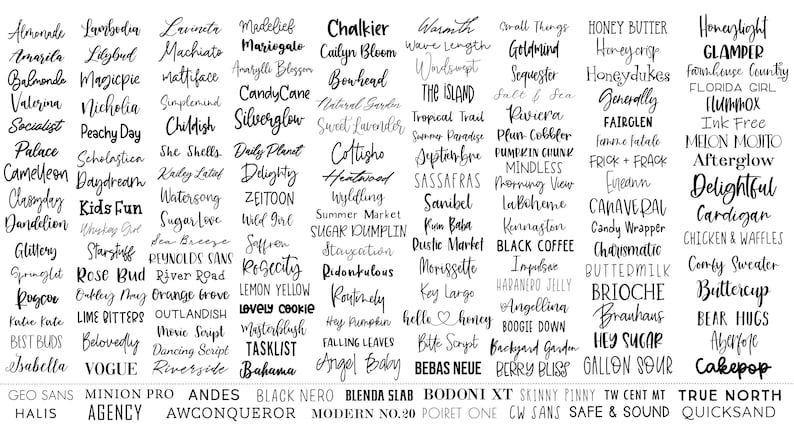 K&ouml;nnte beinhalten: Eine Sammlung verschiedener Schriftarten, darunter Schreib- und serifenlose Schriften, die in schwarzem Text auf wei&szlig;em Hintergrund angezeigt werden. Die Schriftarten sind in Reihen und Spalten angeordnet und zeigen eine vielf&auml;ltige Auswahl an Typografieoptionen.