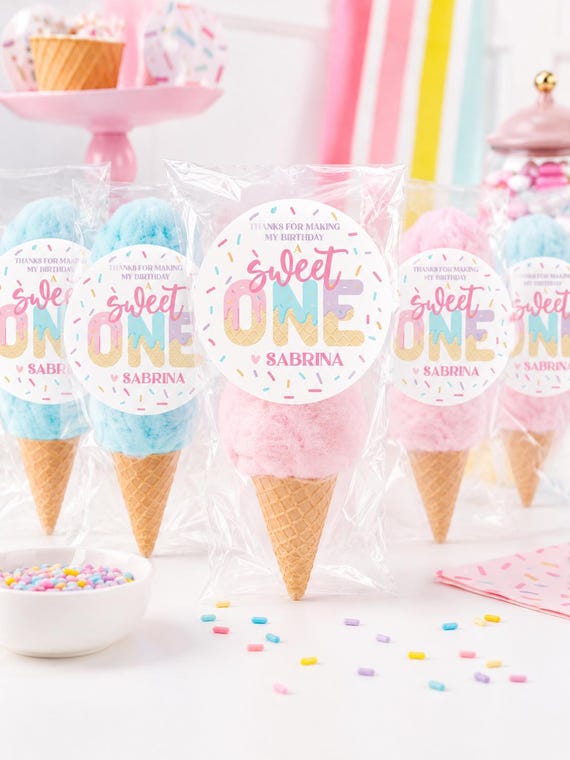 Sweet One Birthday Stickers, Ice Cream Party Favor Stickers, Cotton Candy Cone Labels, Pastel Birthday Favor Tags, Printed Glossy Stickers