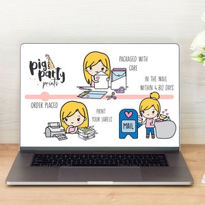 May include: Illustration of a process for ordering and shipping prints. The steps are: order placed, print your labels, packaged with care, in the mail within 4 biz days. The illustration features a cartoon pig wearing a party hat.