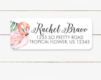 Personalized Flamingo Return Address Labels, Tropical Return Address Stickers, Customized Address Label, Choose Your Font, Glossy