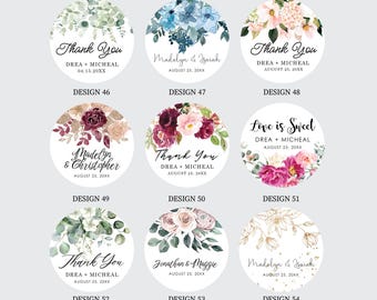 Printed Floral Wedding Stickers, Customized Floral Wedding Stickers, Choose Your Design Wedding Favor Labels, 4 sizes, Thank You Stickers