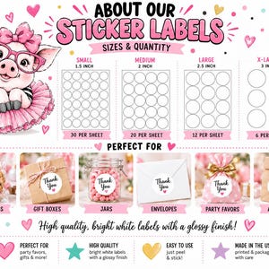 May include: An informational graphic about sticker labels featuring a cartoon pig in a pink tutu and glasses. It displays four size options from 1.5 inches to 3 inches, examples of labels on treat bags, boxes, jars, envelopes, and party favors.