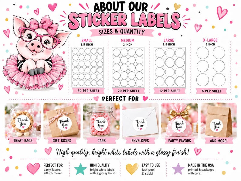 May include: An informational graphic about sticker labels featuring a cartoon pig in a pink tutu and glasses. It displays four size options from 1.5 inches to 3 inches, examples of labels on treat bags, boxes, jars, envelopes, and party favors.