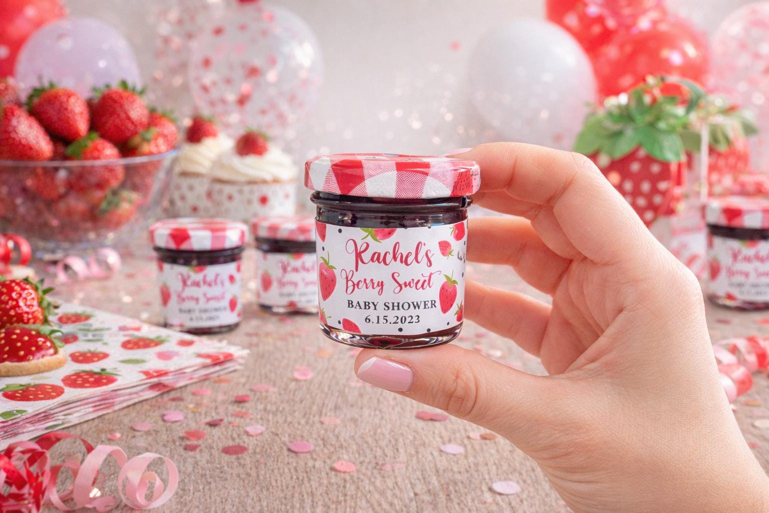 Berry Sweet Baby Shower Mini Jam Jar Stickers, Strawberry Party Favor ...