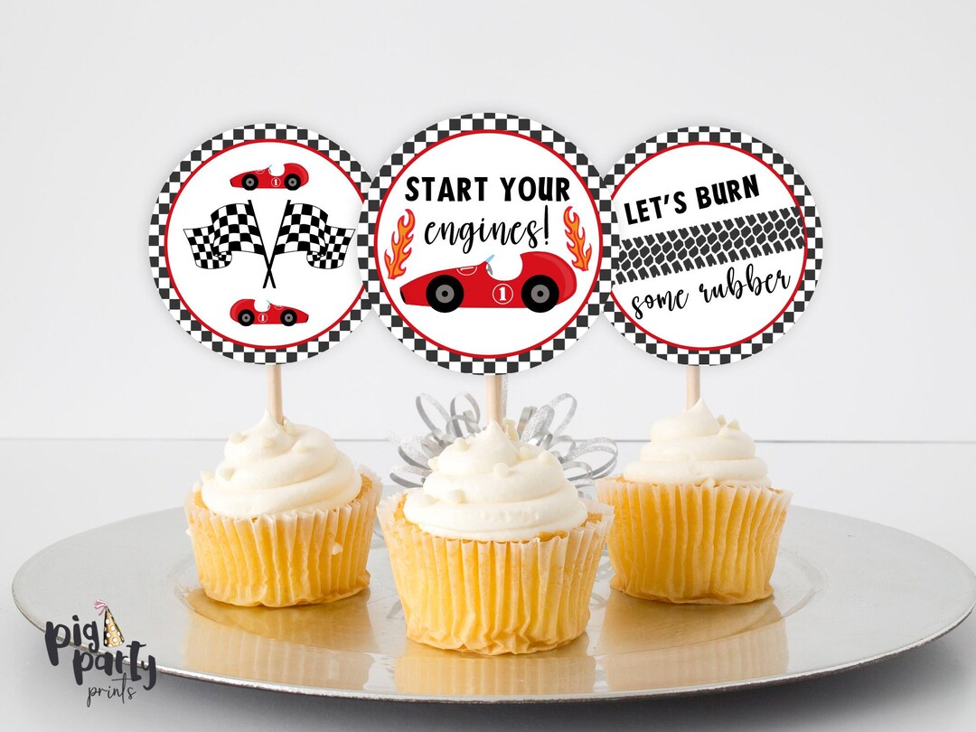Racing Birthday Cupcake Toppers, Race Car Party Favor Tags, INSTANT