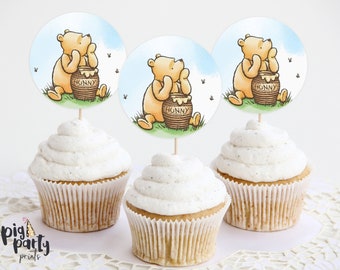 Classic Pooh Baby Shower Cupcake Toppers, Pooh Party Favor Tags, INSTANT DOWNLOAD Pooh Baby Shower Printable Tags, Cupcake Topper