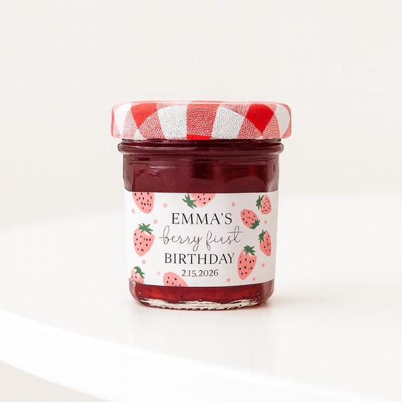 Berry First Birthday Strawberry Jam Labels, Printed Glossy Stickers, Girl 1st Birthday Favor Tags, Strawberry Party Favor Labels