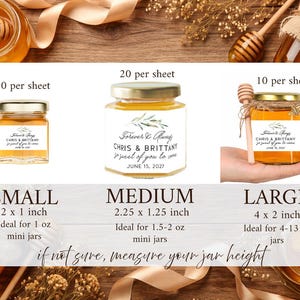 May include: Three glass honey jars with gold lids and white rectangular labels featuring olive branch illustrations and text including names Chris and Brittany, dates, and measurements of 2 x 1 inch, 2.25 x 1.25 inch, and 4 x 2 inch for label sizing.