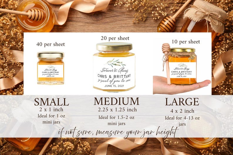 May include: Three glass honey jars with gold lids and white rectangular labels featuring olive branch illustrations and text including names Chris and Brittany, dates, and measurements of 2 x 1 inch, 2.25 x 1.25 inch, and 4 x 2 inch for label sizing.