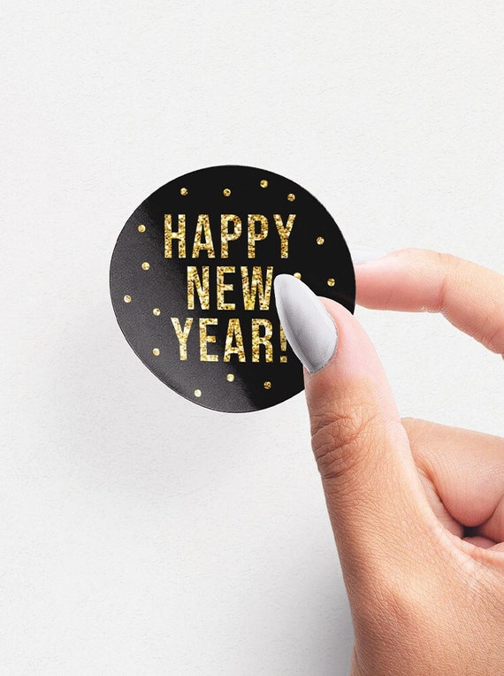Happy New Year Stickers, New Year Party Favor Stickers, Black Gold Glitter New Years Stickers, 4 Sizes, Printed Stickers