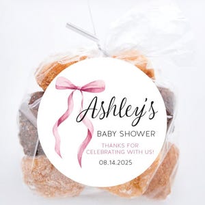 Personalized Pink Bow Baby Shower Stickers, Coquette Baby Shower Stickers, Party Favor Labels, Pink Baby, 4 Sizes, Printed Stickers