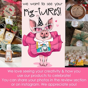 K&ouml;nnte beinhalten: Eine Collage von Produkten, darunter eine Schweine-Illustration mit Sonnenbrille und Kamera, Gl&auml;ser mit Marmelade, verpackte Geschenke und kleine T&uuml;ten mit Leckereien. Text enth&auml;lt "Pig-tures!" und "Wir lieben es, Ihre Kreativit&auml;t zu sehen."