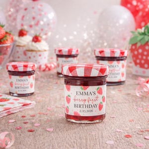 Berry First Birthday Strawberry Jam Labels, Printed Glossy Stickers, Girl 1st Birthday Favor Tags, Strawberry Party Favor Labels image 3
