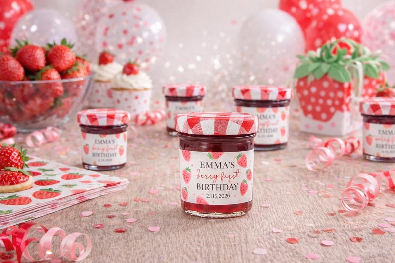 Berry First Birthday Strawberry Jam Labels, Printed Glossy Stickers, Girl 1st Birthday Favor Tags, Strawberry Party Favor Labels image 3