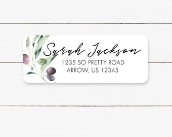 Personalized Return Address Labels, Floral Olive Branch Return Address Stickers, Customized Address Label, Glossy labels, Greenery Address