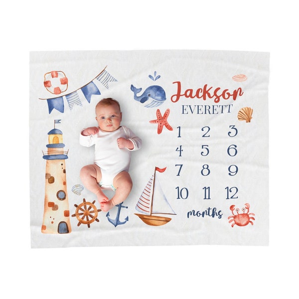 Nautical Milestone Blanket For Baby Boy, Monthly Baby Photo Prop, Sailboat Theme Baby Shower Gift, Newborn Photography, Growth Track Blanket