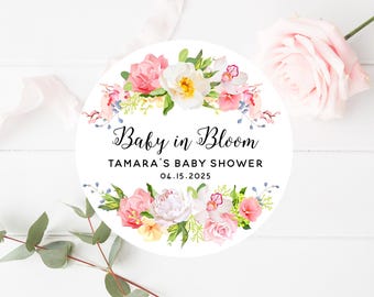 Baby in Bloom Shower Stickers, Floral Baby Shower Stickers, Customized Printed Favor Labels, 4 sizes, Thank You Stickers, Spring Baby Shower