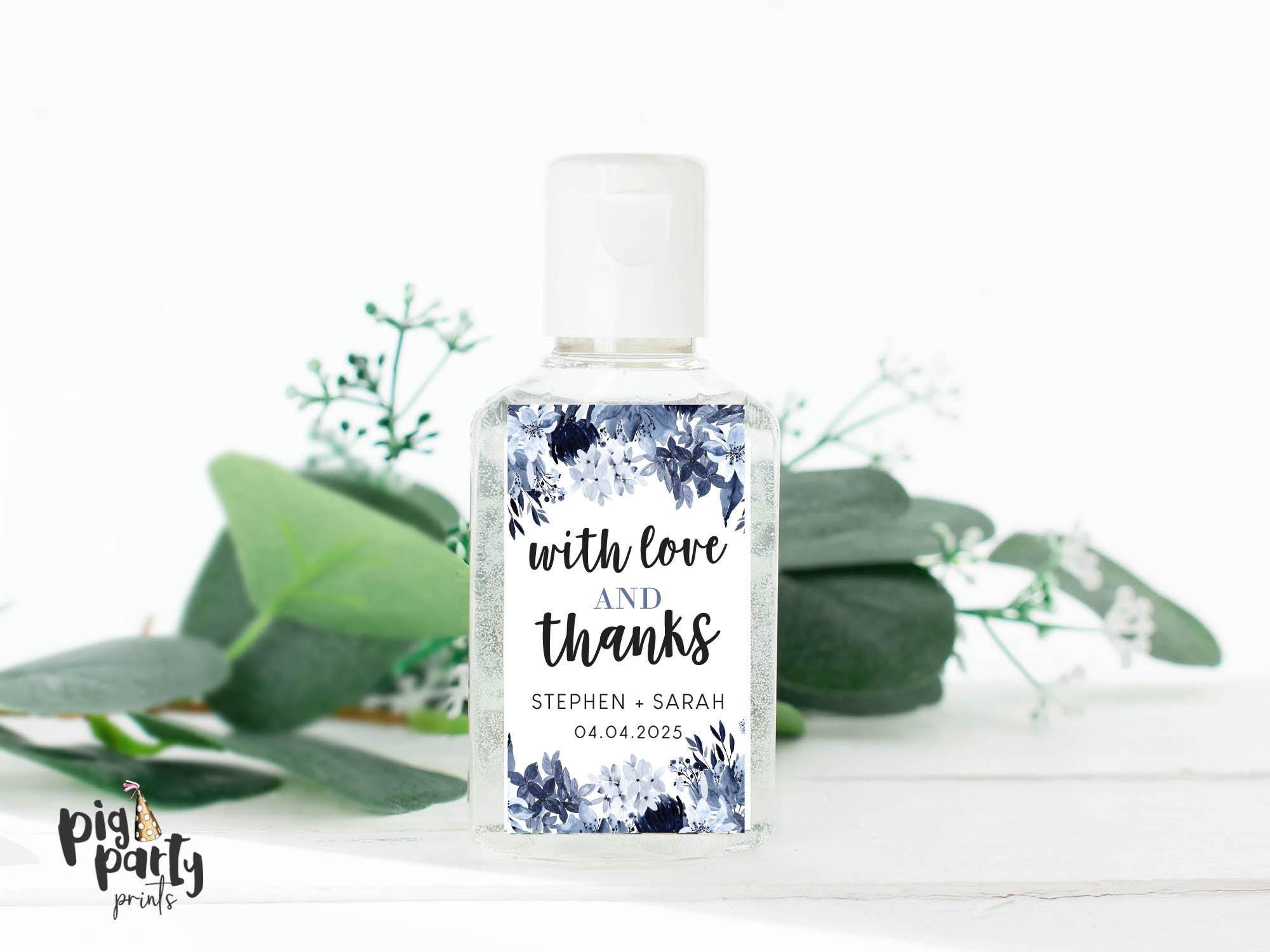 Stickers désinfectants pour les mains à fleurs bleues, désinfectant autocollants de faveur de douche nuptiale, étiquettes désinfectantes pour les main
