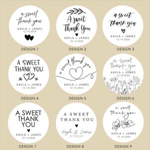 May include: Nine circular stickers with the text "a sweet thank you" in various designs. Each sticker includes the names "Kayla + James" and the date "12.14.2025". Designs include hearts, floral elements, and decorative fonts.